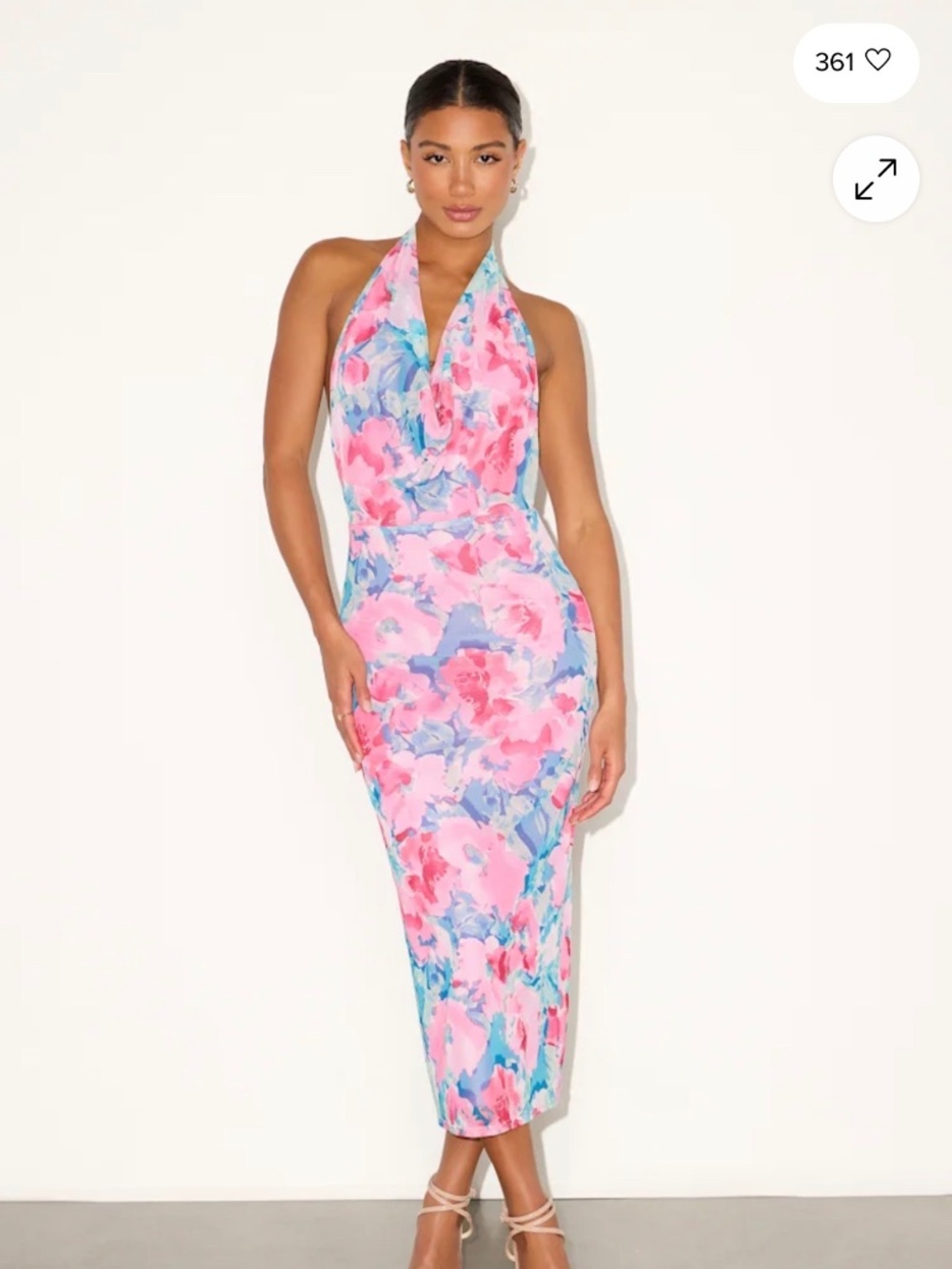 Pink & Blue Floral Halter Backless Dress